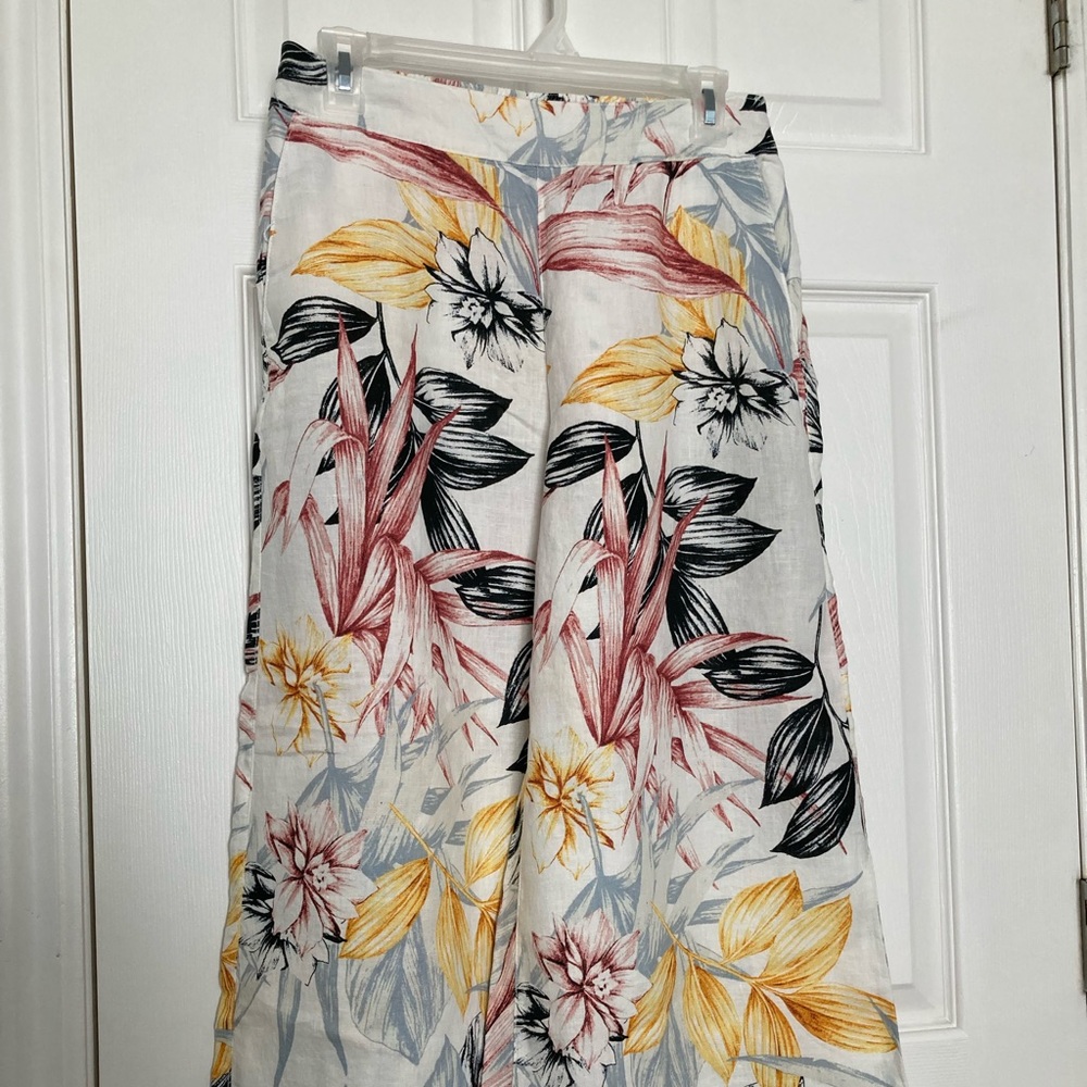 Linen tropical print wide legs pants